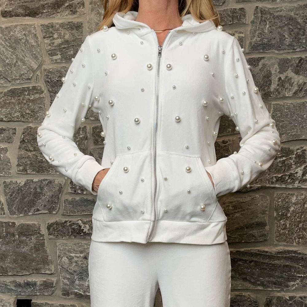 White Zipper Hooded Jacket with Pearl Embellishment, SOFT, size S Boston Proper - Picture 3 of 12
